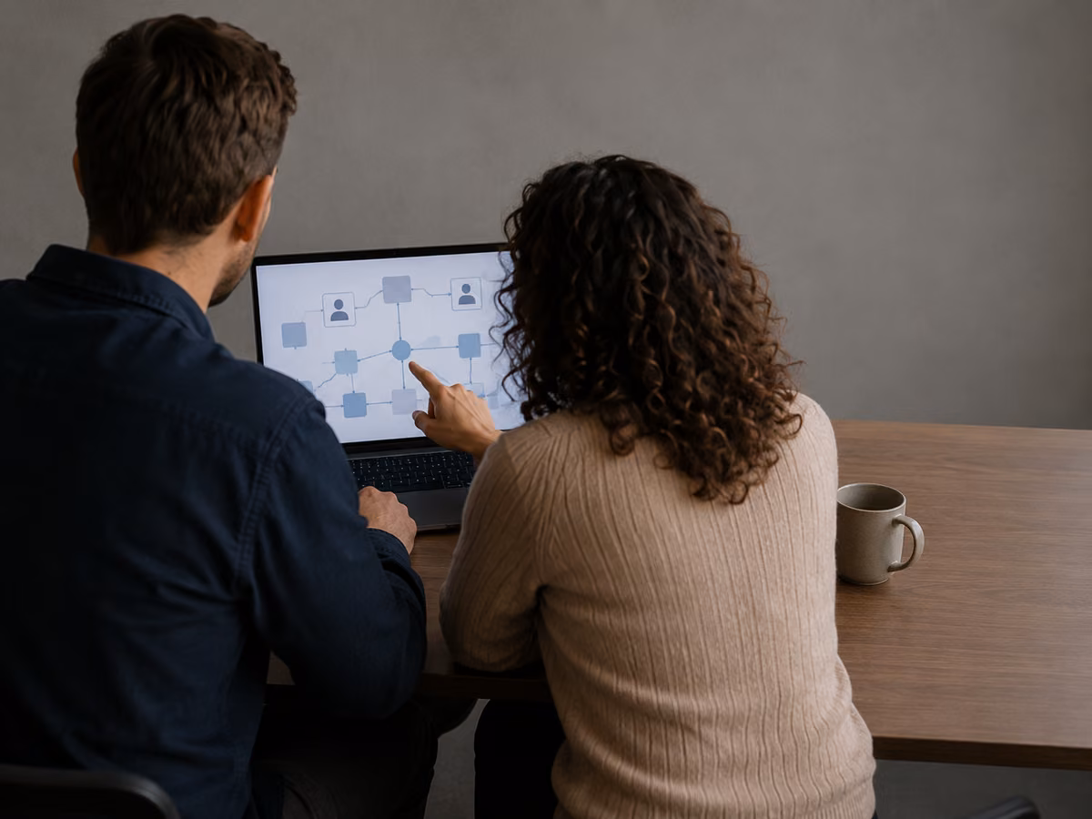 Two IAM specialists sit side by side at a laptop, seen from behind, while one of them points to a node of an access-relationship diagram on the screen.
