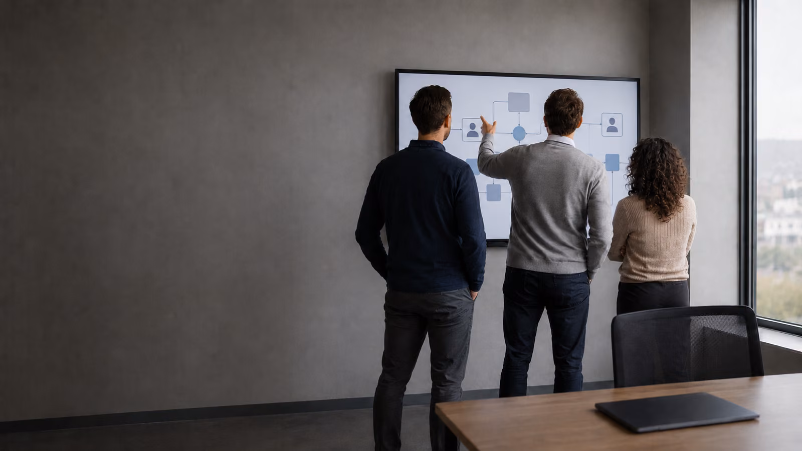 Three IAM specialists stand at a wall display, seen from behind, while one of them points to a region of an identity topology diagram.