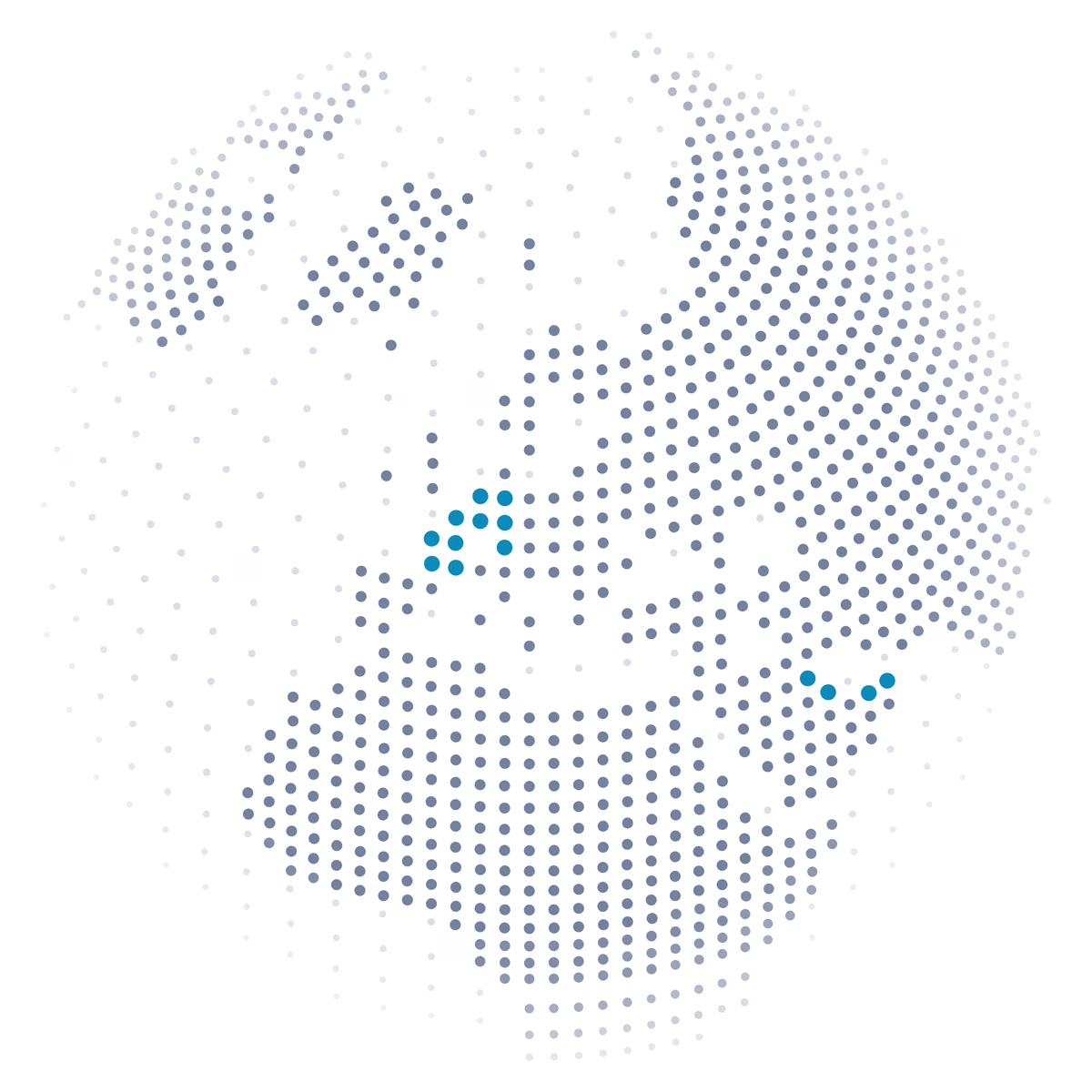A globe drawn only as a field of dots, denser over land than water, with the Benelux, France, Germany and the Arabian peninsula picked out in cyan.
