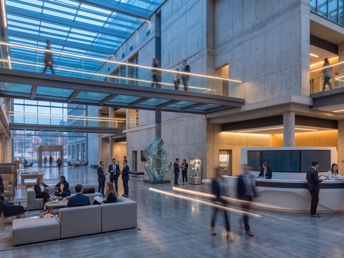 People move through a large, connected workplace spanning reception, shared work areas and internal walkways.