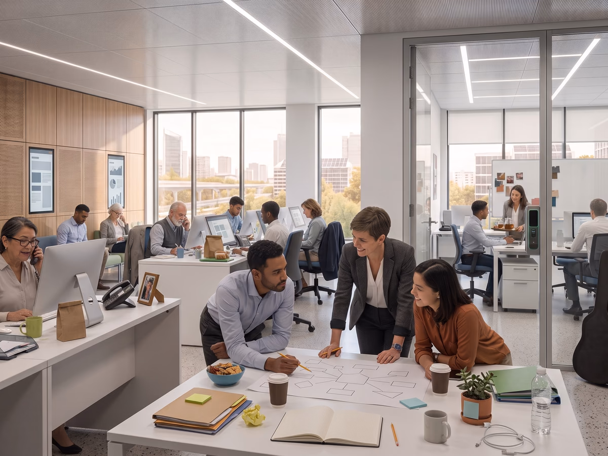 Colleagues work across public-facing and staff-only areas of a bright professional office.