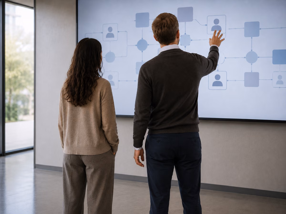 Two people stand in front of a wall-mounted display, seen from behind, while one of them touches a node of an identity flow diagram connecting people to systems.