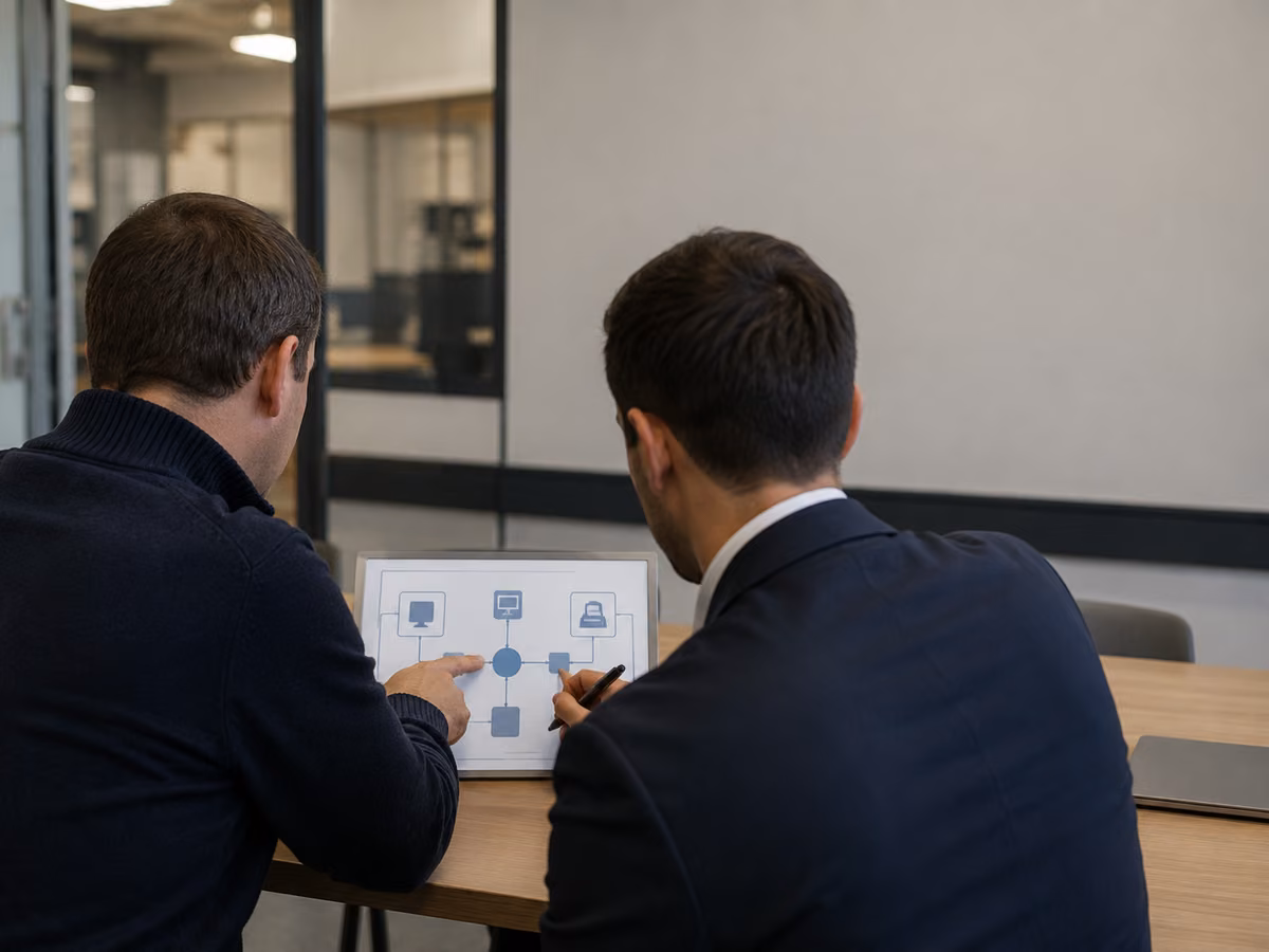 Two people sit at a meeting table, seen from behind, one pointing to the central node of an access diagram on a display propped in front of them while the other holds a pen to annotate it.