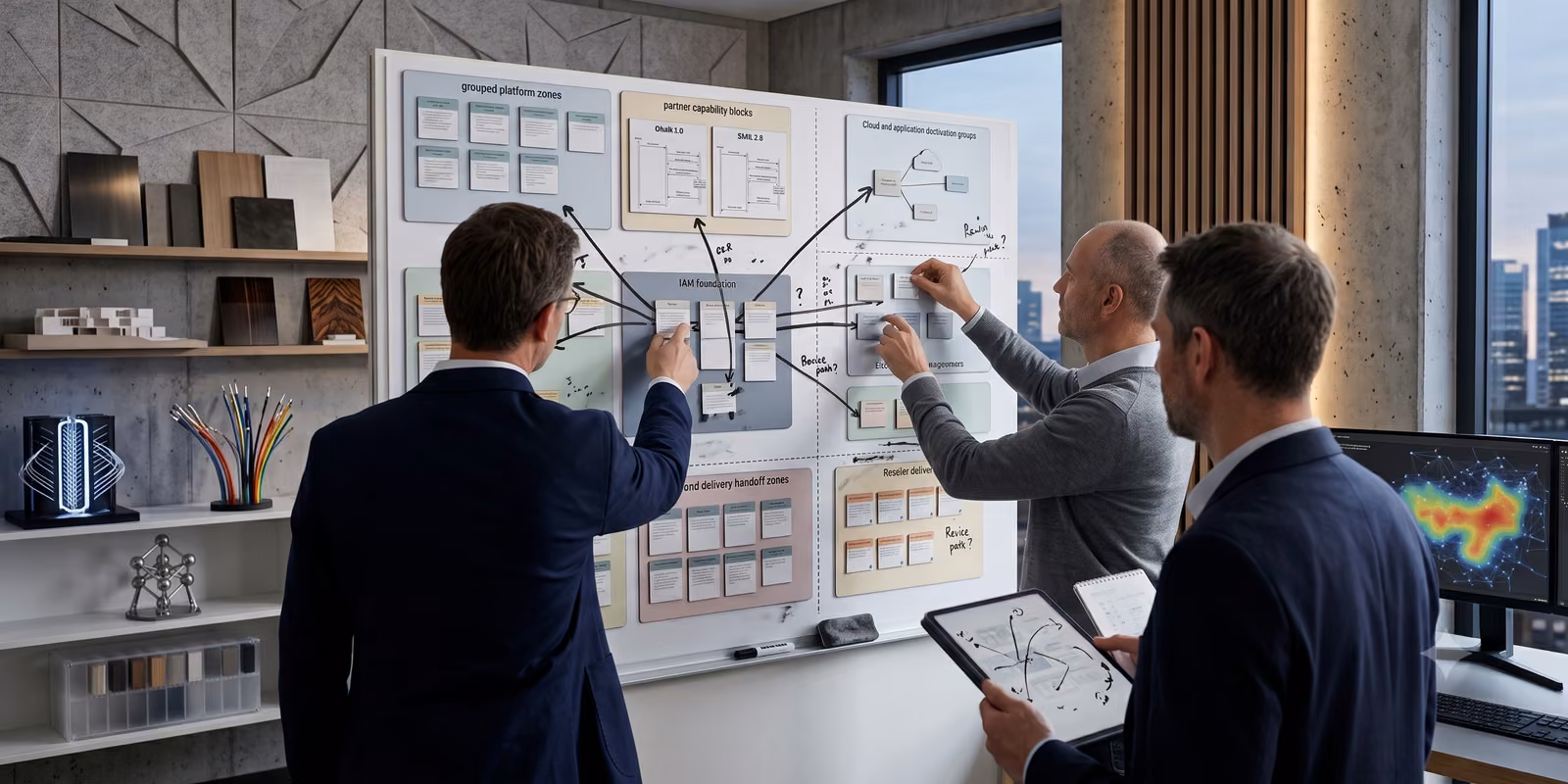IAM specialists, seen from behind, review and adjust a physical co-delivery architecture.