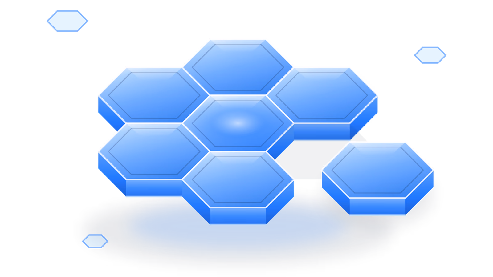 Seven translucent blue hexagonal modules interlock in a honeycomb, with one module slid out of the lattice toward the lower right and three smaller hexes floating around it.