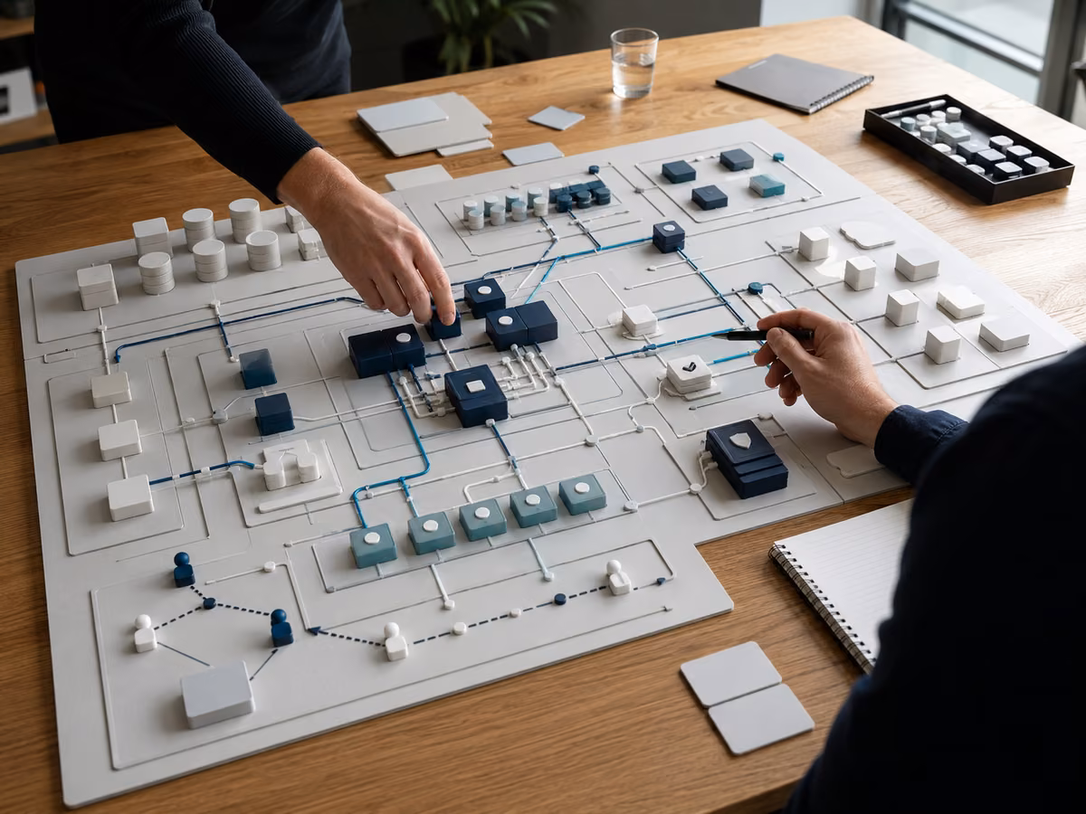 Two IAM specialists review a physical lifecycle model during an assessment and architecture workshop.